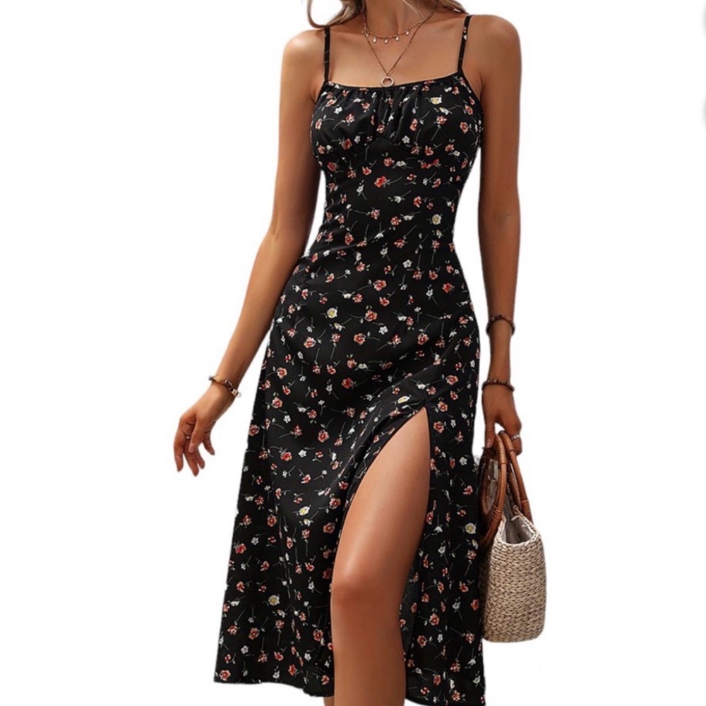SHEIN women’s Black Floral Spaghetti-Strap Midi Dress with Side Slit